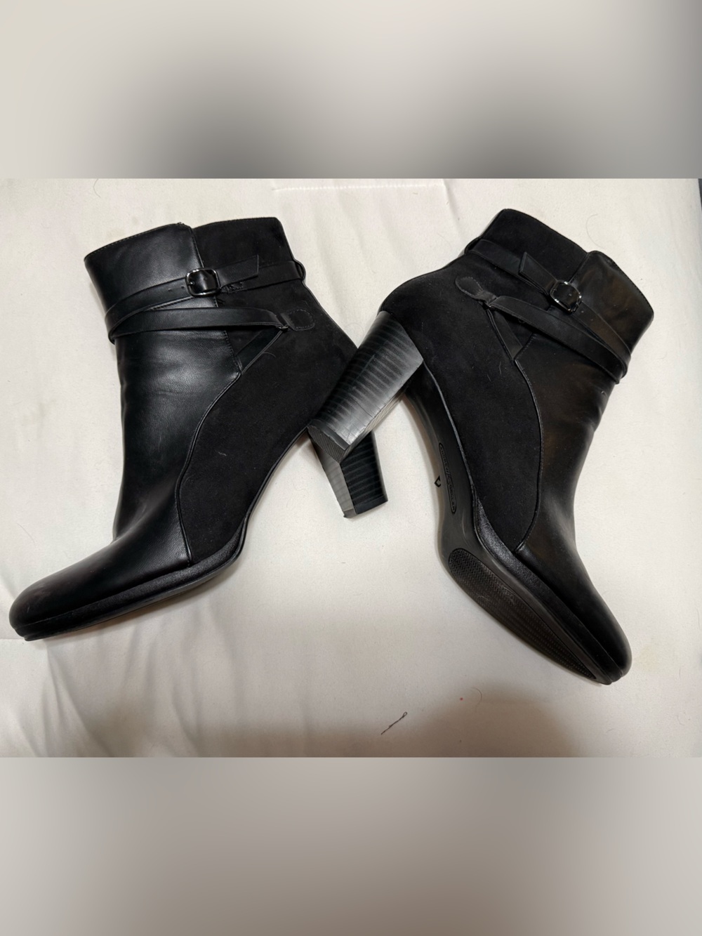 Black Leather & Suede Ankle Booties with Buckle Strap